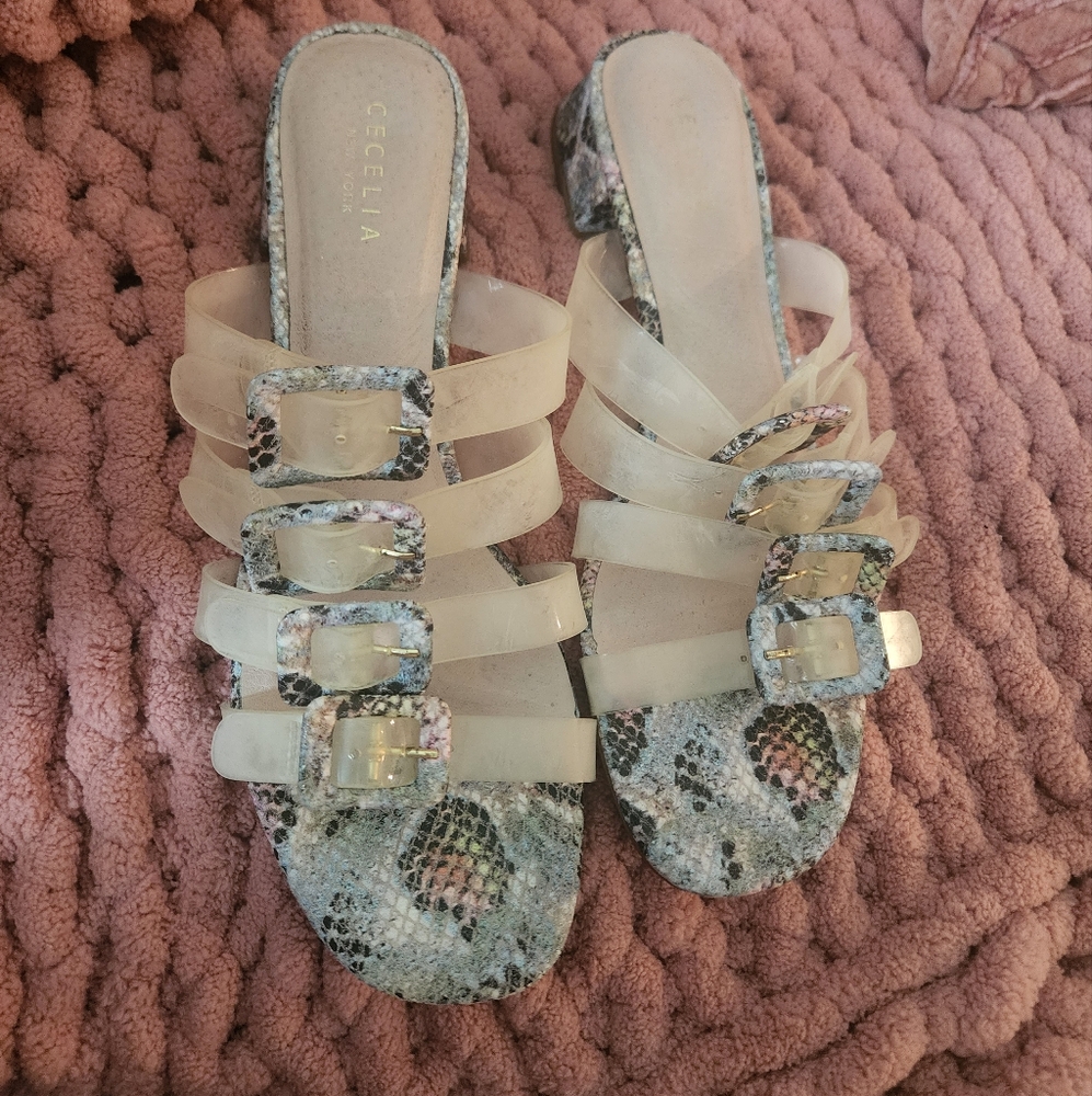 Cecelia Cream and Gray Slide Sandals with Snakeskin Print